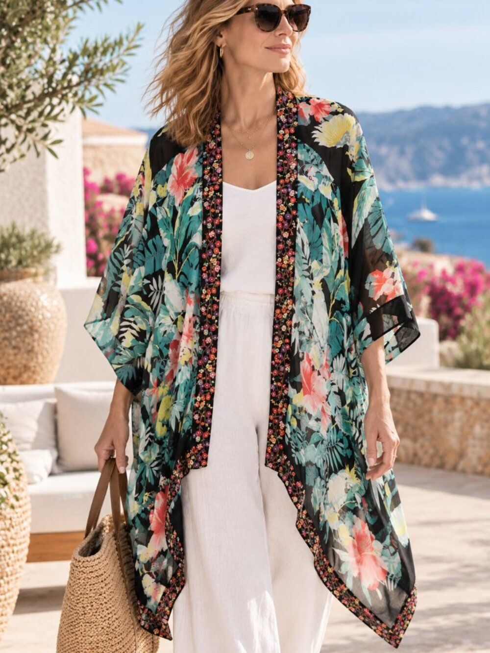 Johnny Was Solomio Georgette Floral Printed Kimono Caftan Floral Black Teal S